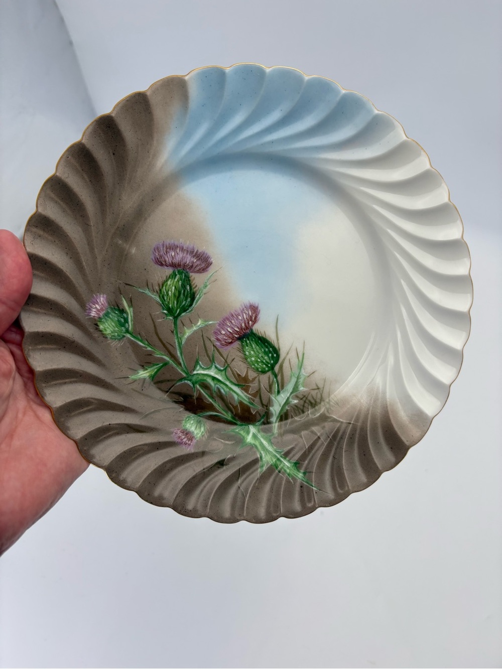 Vintage Handpainted Floral Thistle Decorative Plate in Blue, Brown & White